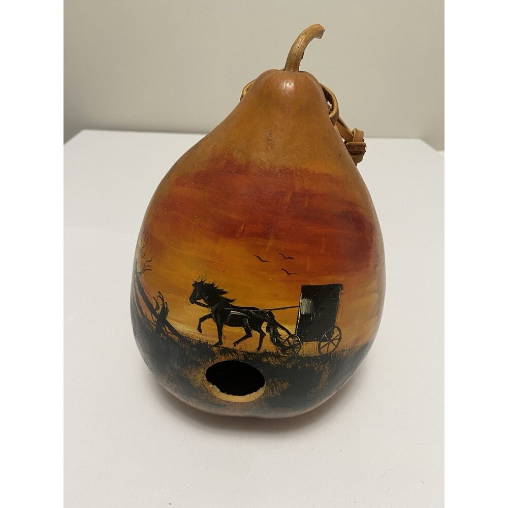 Hand painted Horse And Buggy Gourd Birdhouse Amish Crafted Signed